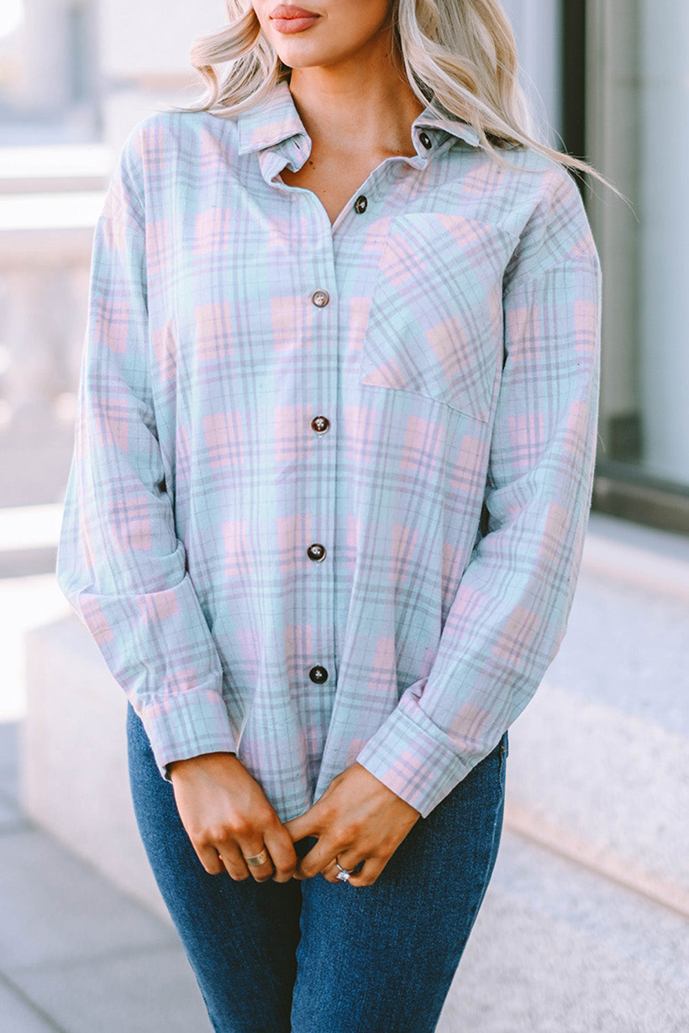 Chemise à manches longues à motif écossais et encolure à col rose