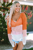 Color Block Eyelet Long Sleeve Twisted Back Knit Top