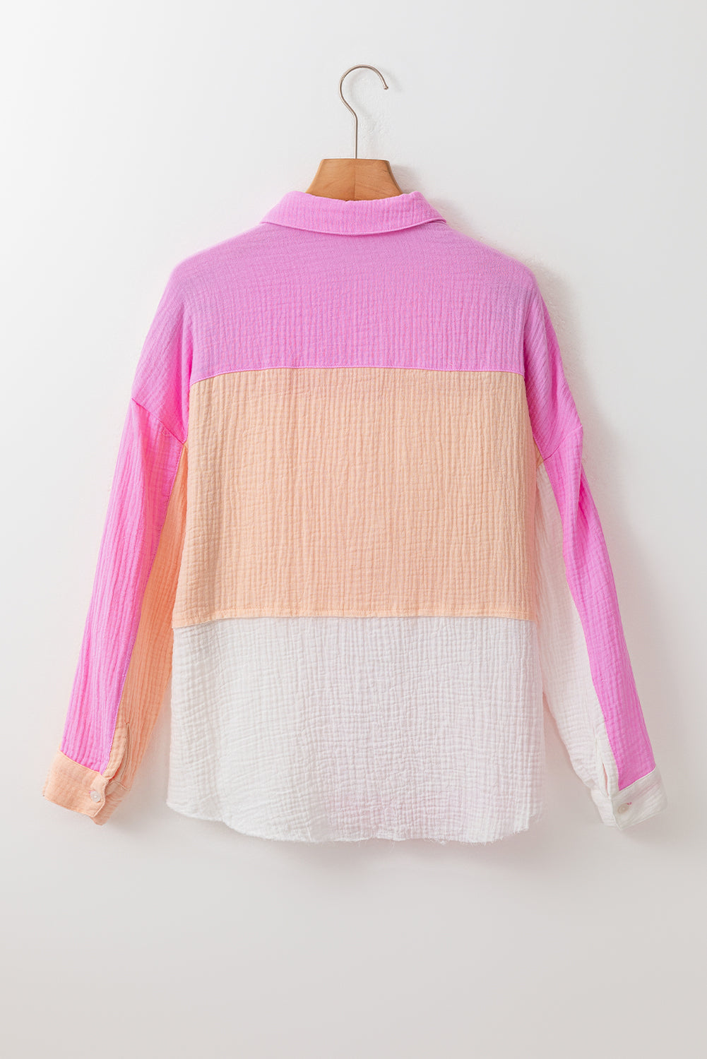 Rose Color Block Buttoned Raw Hem Textured Shirt