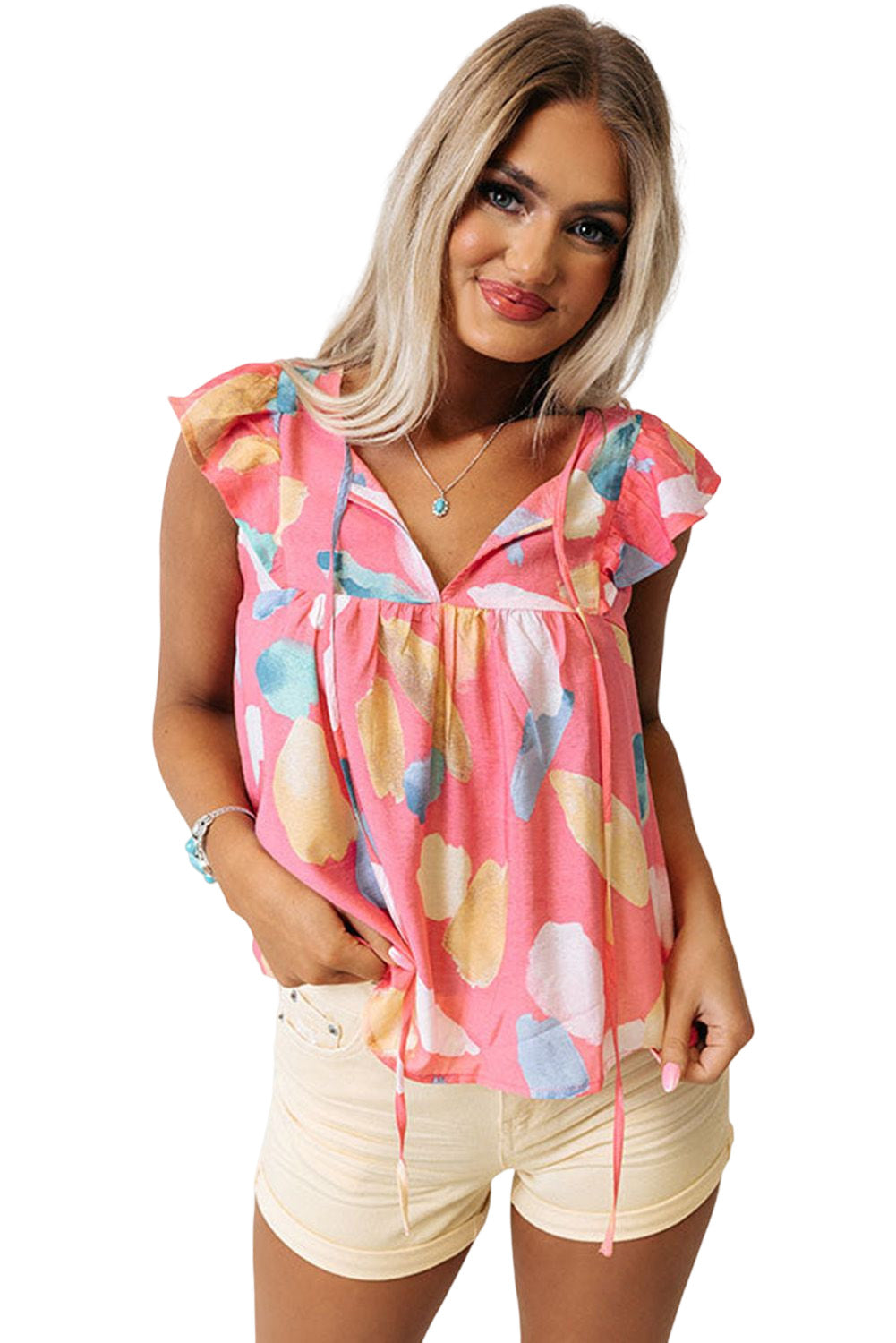 Splotches Pattern Ruffled Cap Sleeve Shift Top