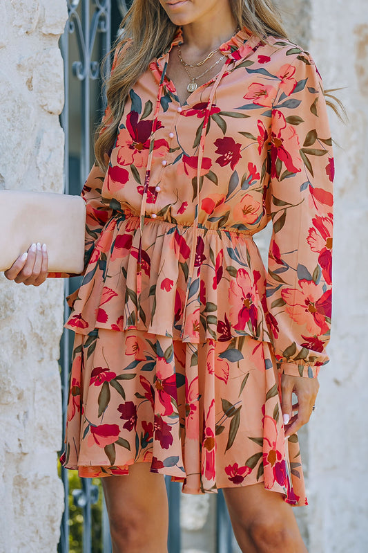 Frilled Collar Long Sleeve Floral Dress with Ruffle