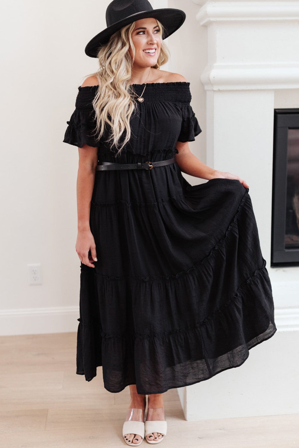 Plus Size Smocked Off Shoulder Frill Tiered Maxi Dress