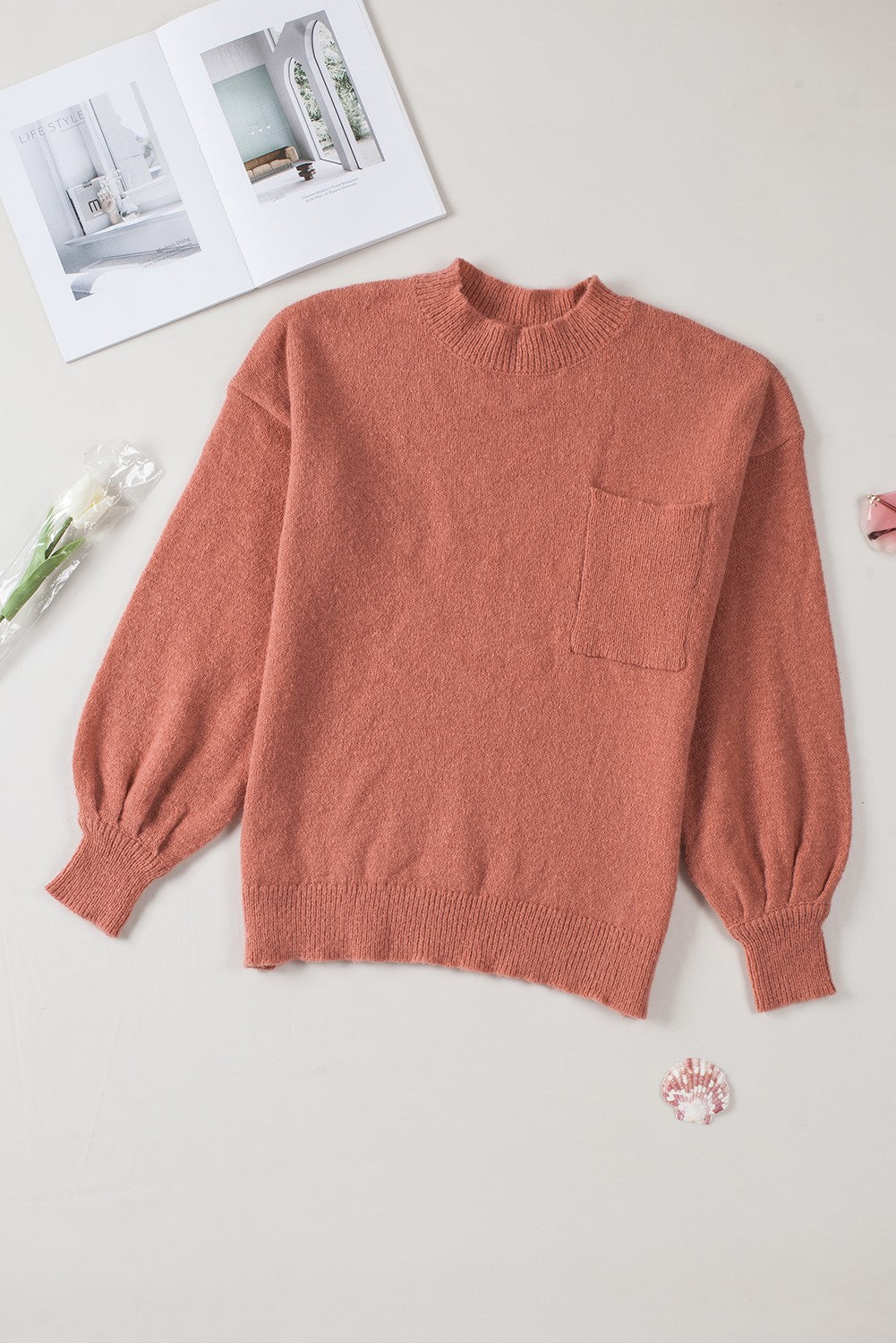 Solid Color Puffy Sleeve Pocketed Sweater