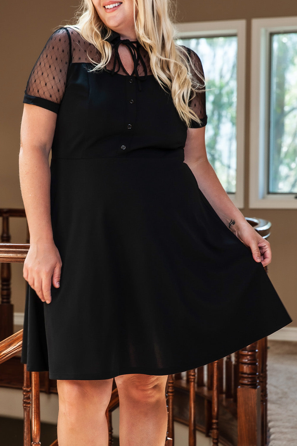 Plus Size Collared Mesh Yoke Fit Flare Dress