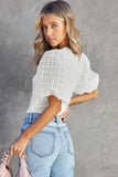 Checkered Puff Sleeve Ribbed Knit Top