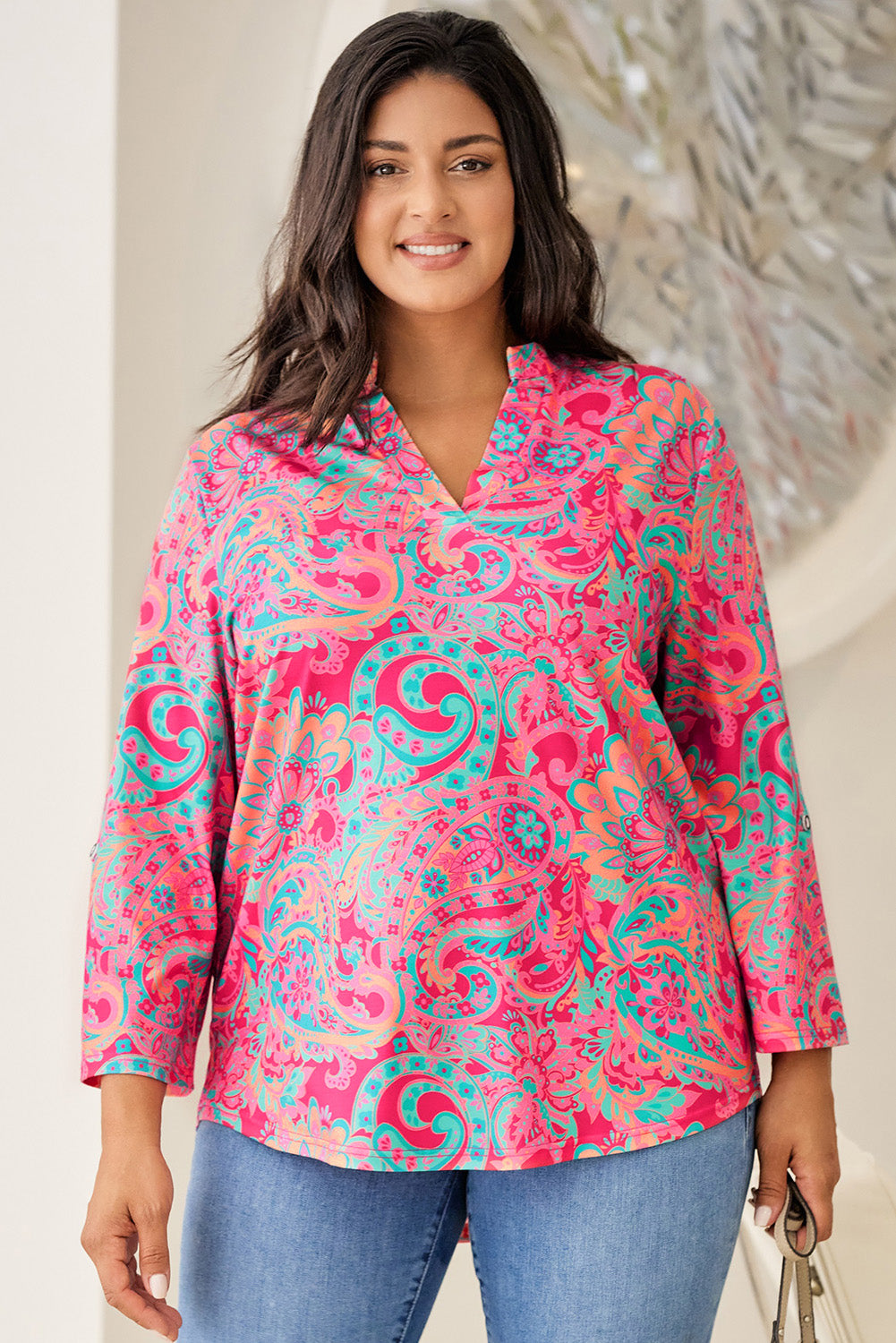 Rose - Blouse à Imprimé Paisley et Col en V à Manches Roulées de Grande Taille