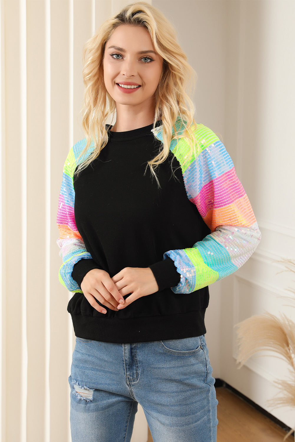 Sequin Color Block Raglan Sleeve Pullover Sweatshirt