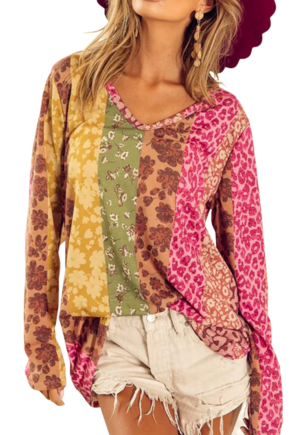 Floral Leopard Mixed Print V Neck Long Sleeve Tee