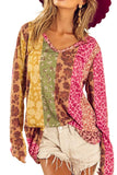 Floral Leopard Mixed Print V Neck Long Sleeve Tee