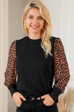 Black Leopard Print Long Sleeve Ribbed Knit Blouse