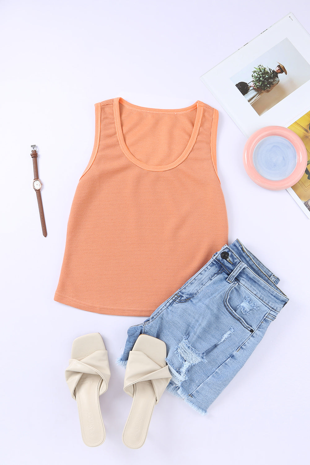 Plain Waffle Knit U Neck Tank Top