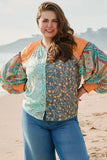 Green Floral Patchwork Lantern Sleeve Buttoned V Neck Plus Size Blouse