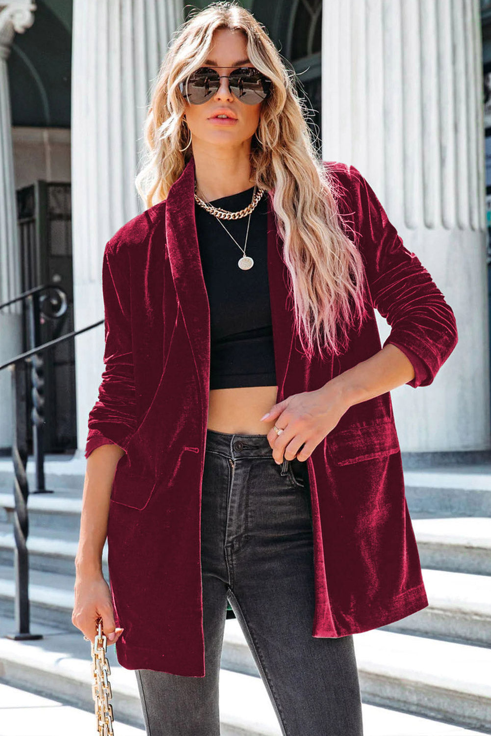 Rose Casual Pocketed Velvet Blazer