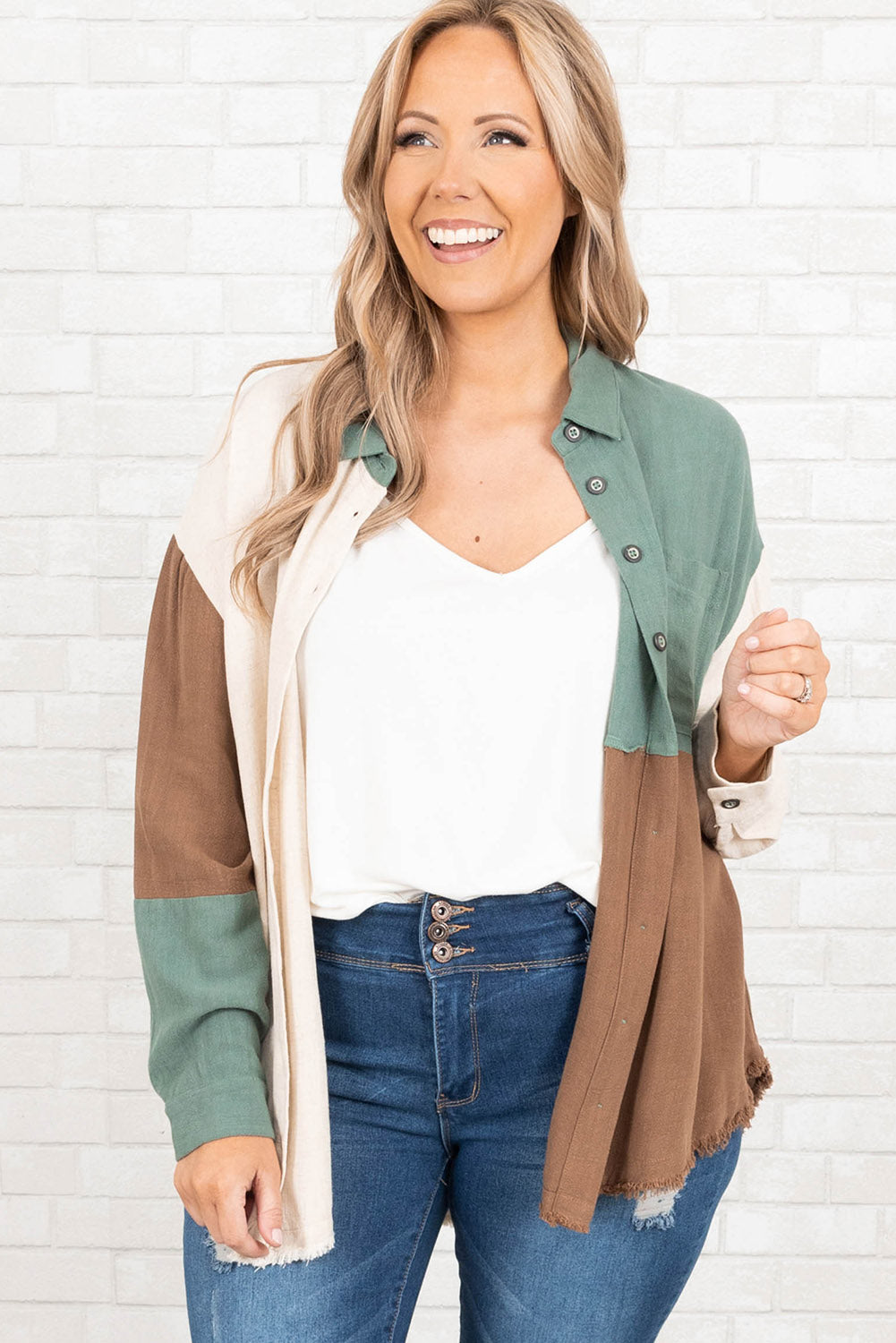 Colorblock Raw Edge Plus Size Shirt