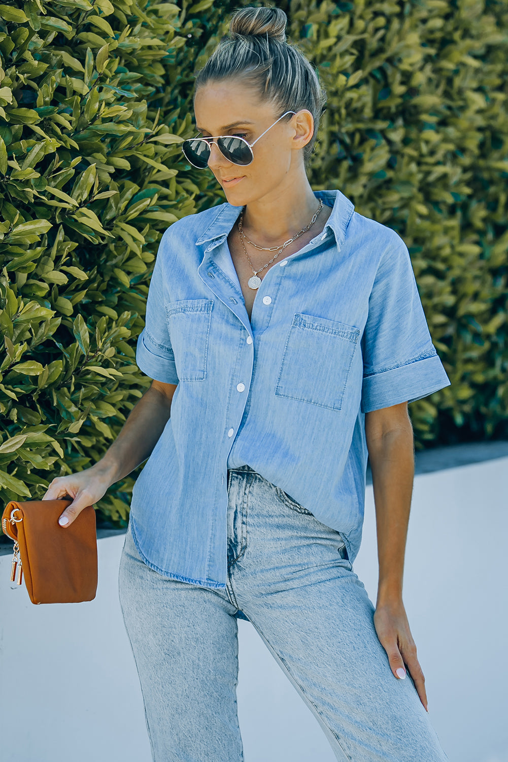 Turn-down Collar Short Sleeve Denim Shirt