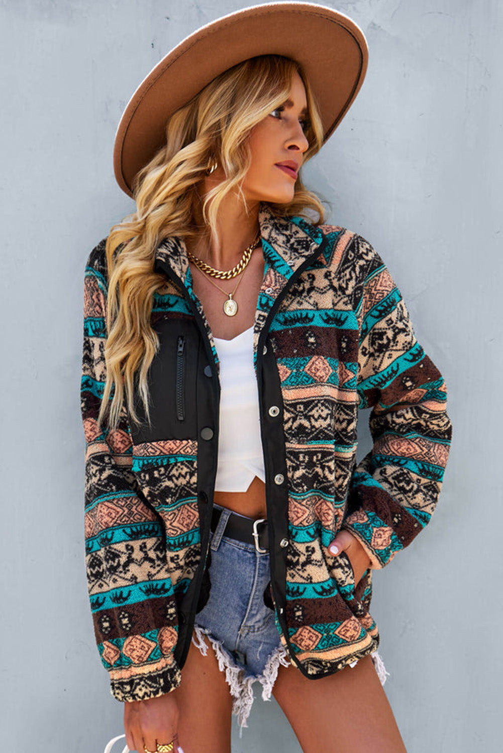 Western Colorblock Snap Buttoned Sherpa Jacket