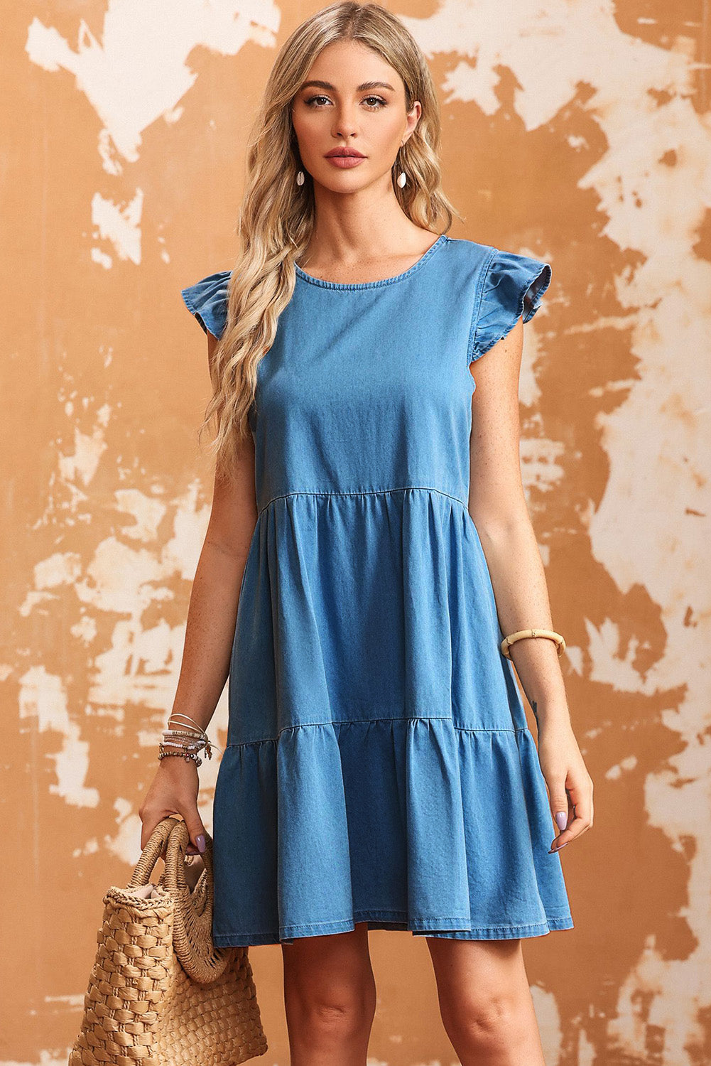 Crew Neck Flutter Tiered A-line Chambray Dress