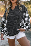 Buffalo Plaid Splicing Split Neck Knit Top