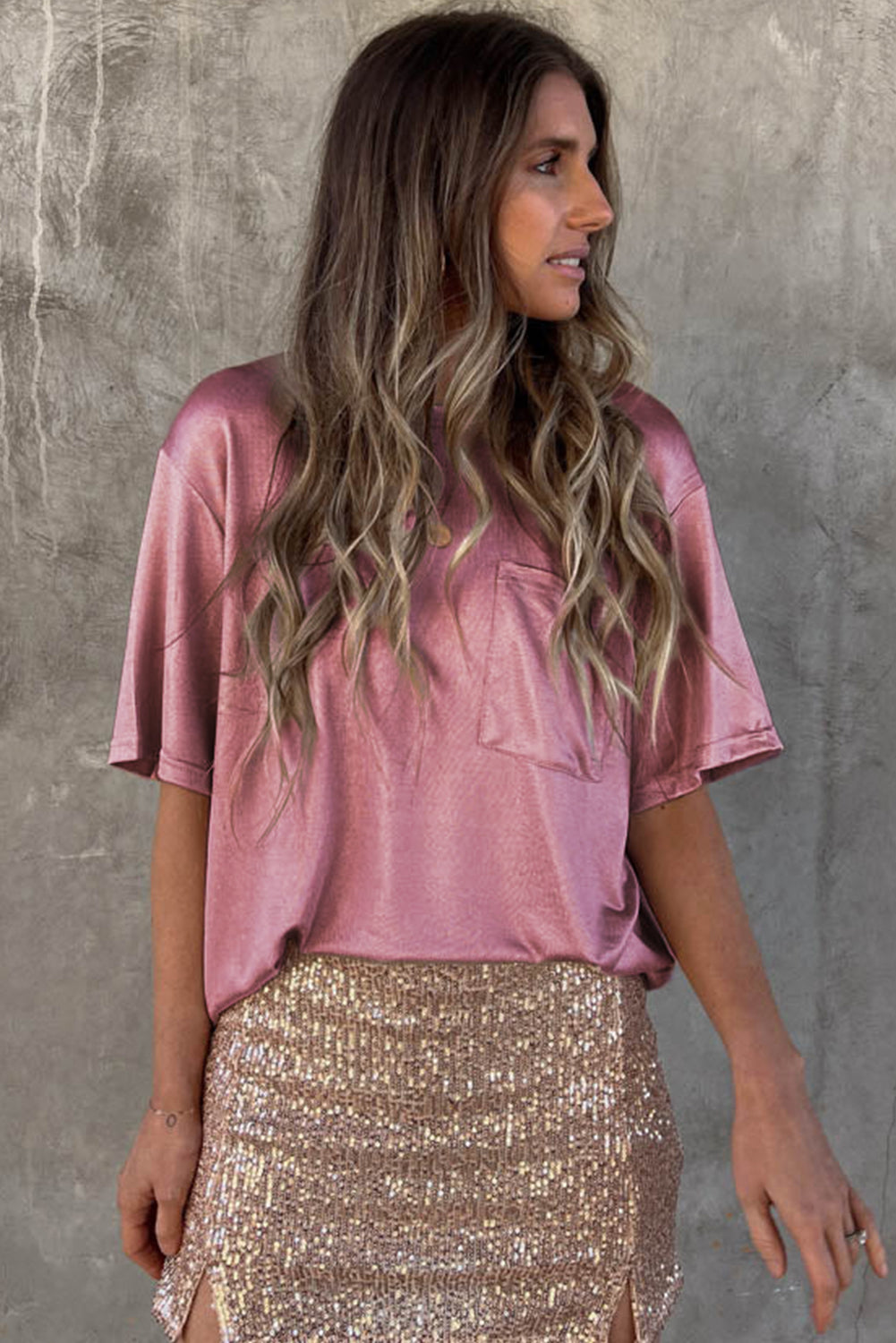 Glitter Chest Pocket Round Neck Long Sleeve Top