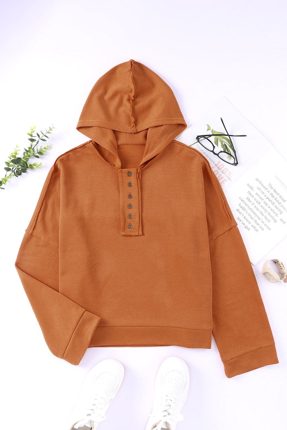 Khaki Casual Button Solid Patchwork Trim Hoodie