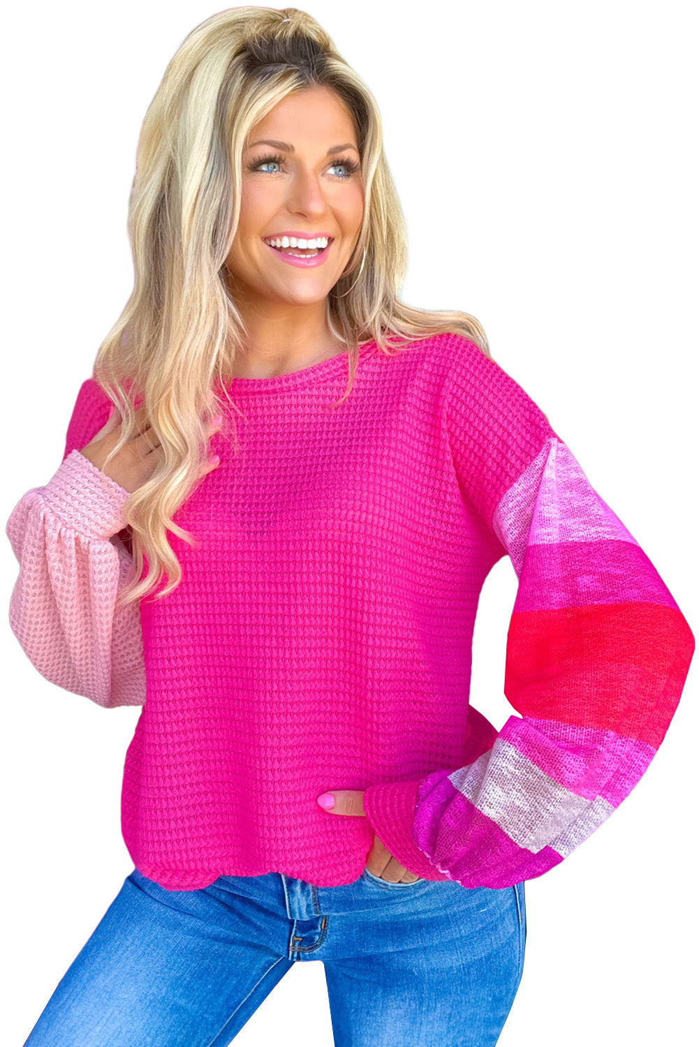 Rose Waffle Knit Color Block Patchwork Drop Shoulder Top