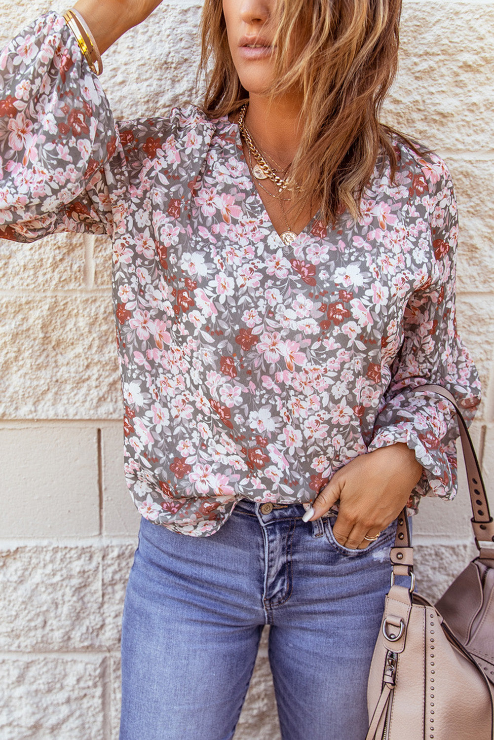 Green Floral Print V Neck Long Puff Sleeve Top