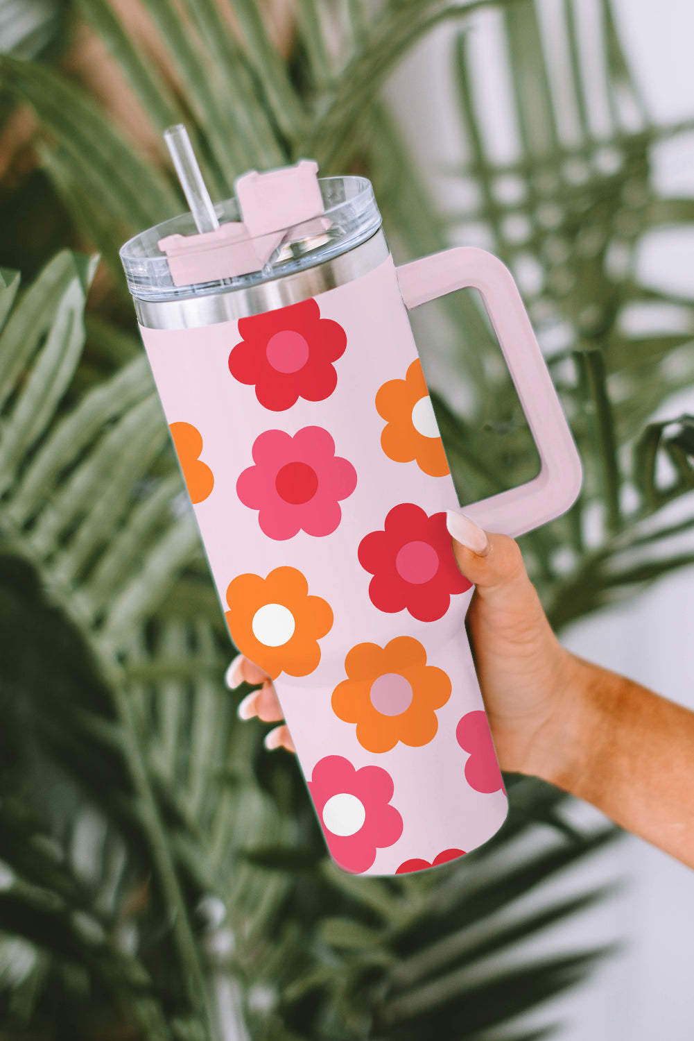 Flower Print Handled Stainless Steel Vacuum Cup