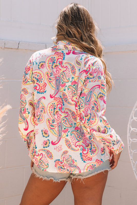 Paisley Pattern Print Buttoned Corduroy Shacket