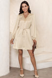 Lace Trim V Neck Tie Waist Long Sleeve Dress