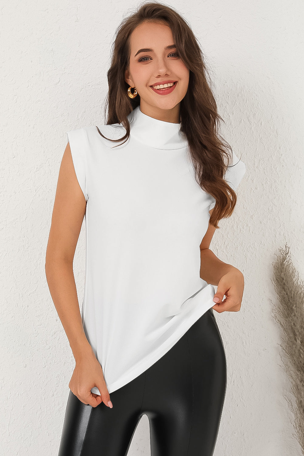 Solid Color Mock Neck Sleeveless Top