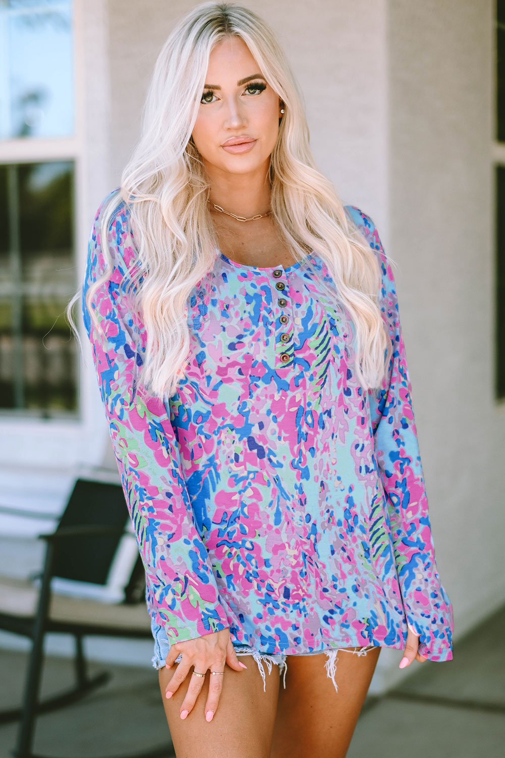 Printed Wide Neck Thumbhole Sleeve Henley Top