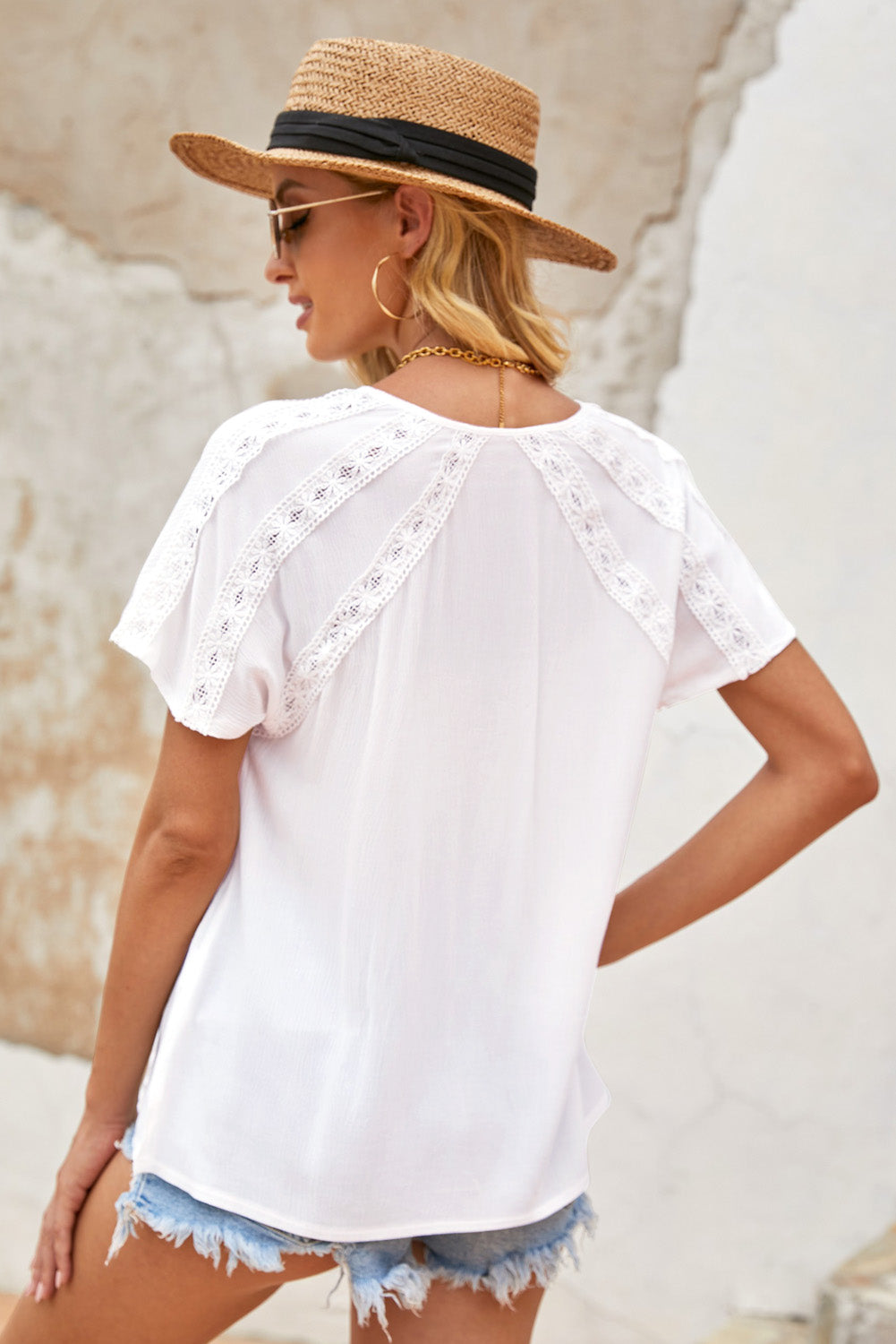 Crochet Eyelet Short Sleeves Top