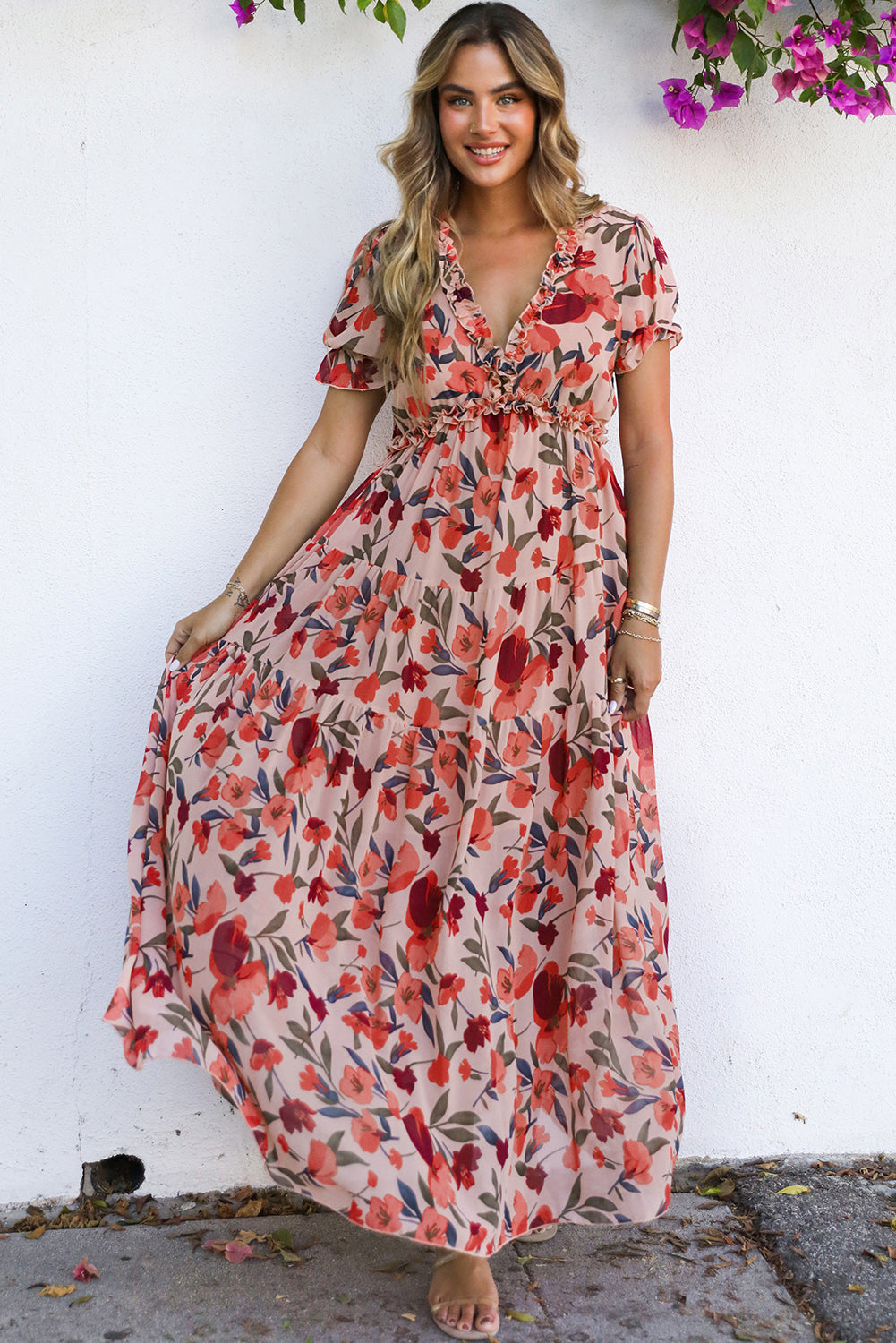 Floral Print Frilled V Neck Short Sleeve Maxi Dress