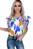 Abstract Pattern Ruffle Short Sleeves Blouse