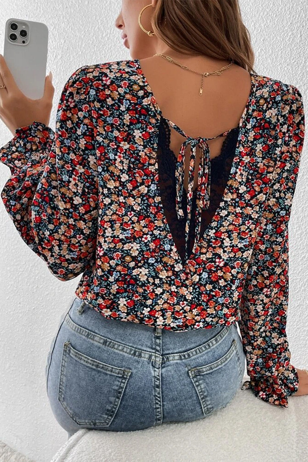 V Cut Lace Patch Tie-up Ruffled Puff Sleeve Floral Blouse