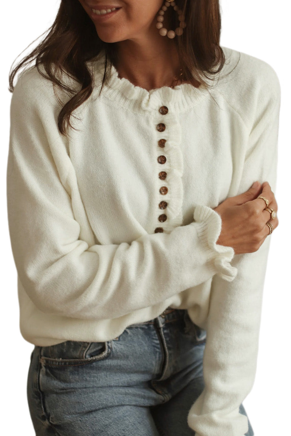 Frill Trim Buttoned Knit Pullover Sweater