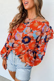 Red Floral Print Ruffle Puff Sleeve Blouse