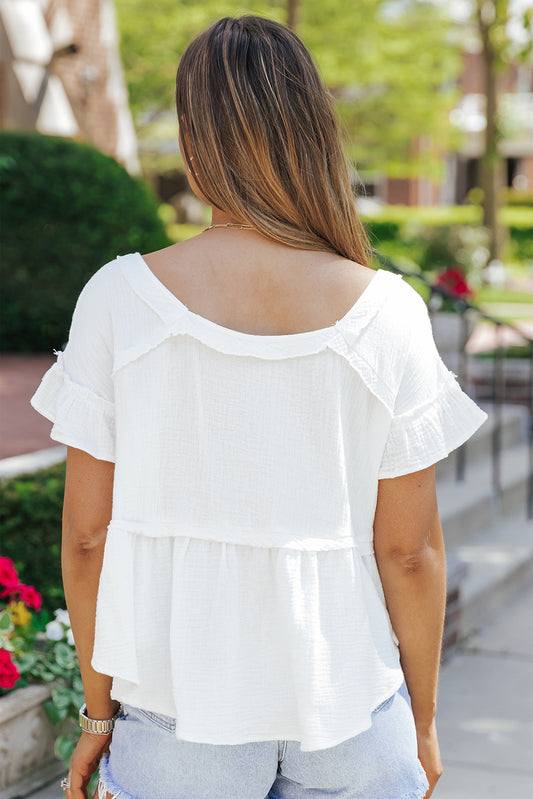 Ruffled Short Sleeves Crinkled Flowy Top