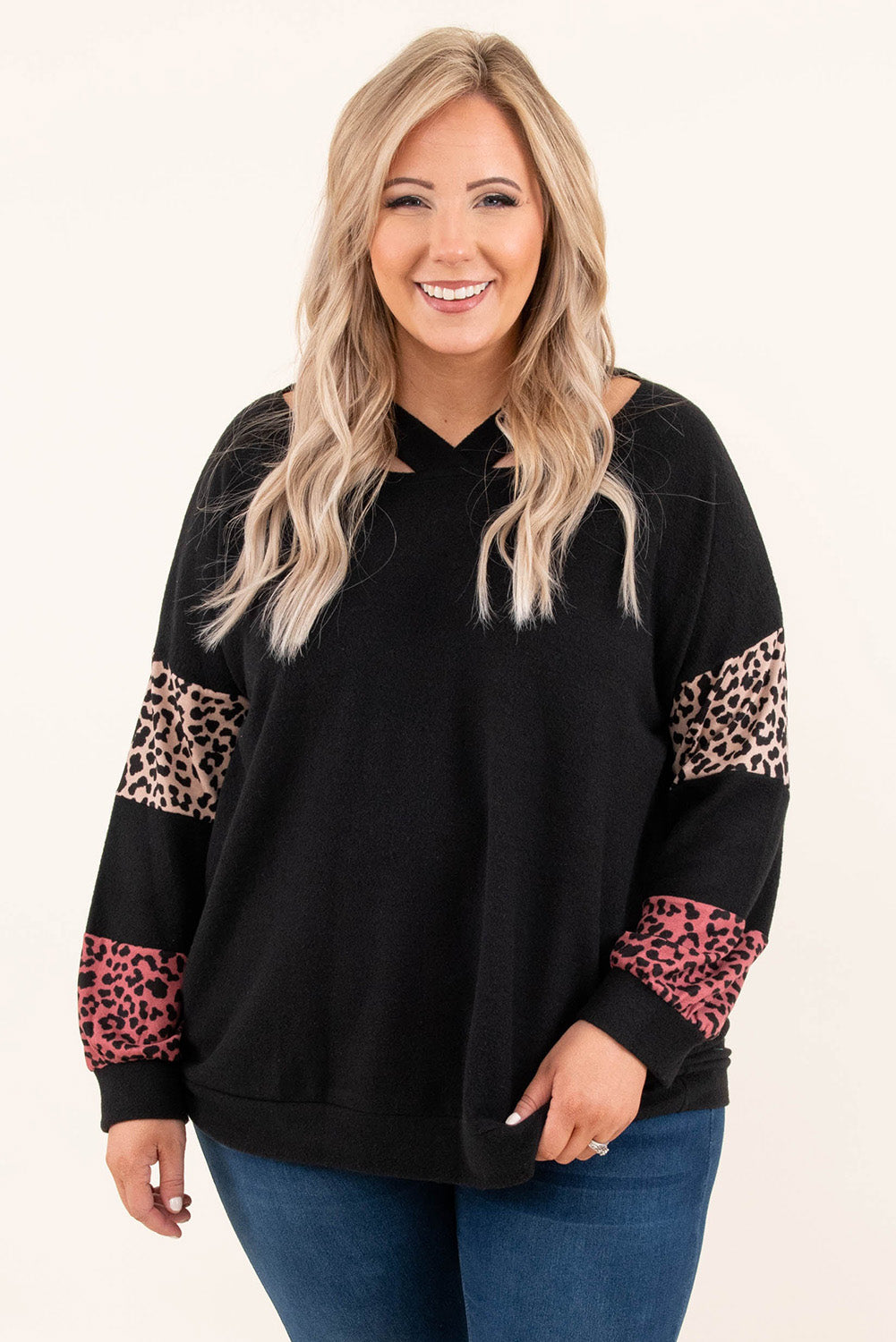 Plus Size Leopard Patchwork Strappy Neck Top