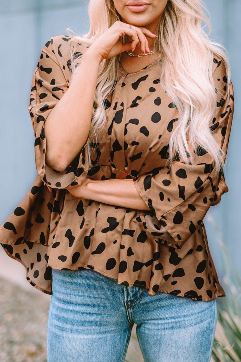 V Neck Print Peplum Blouse