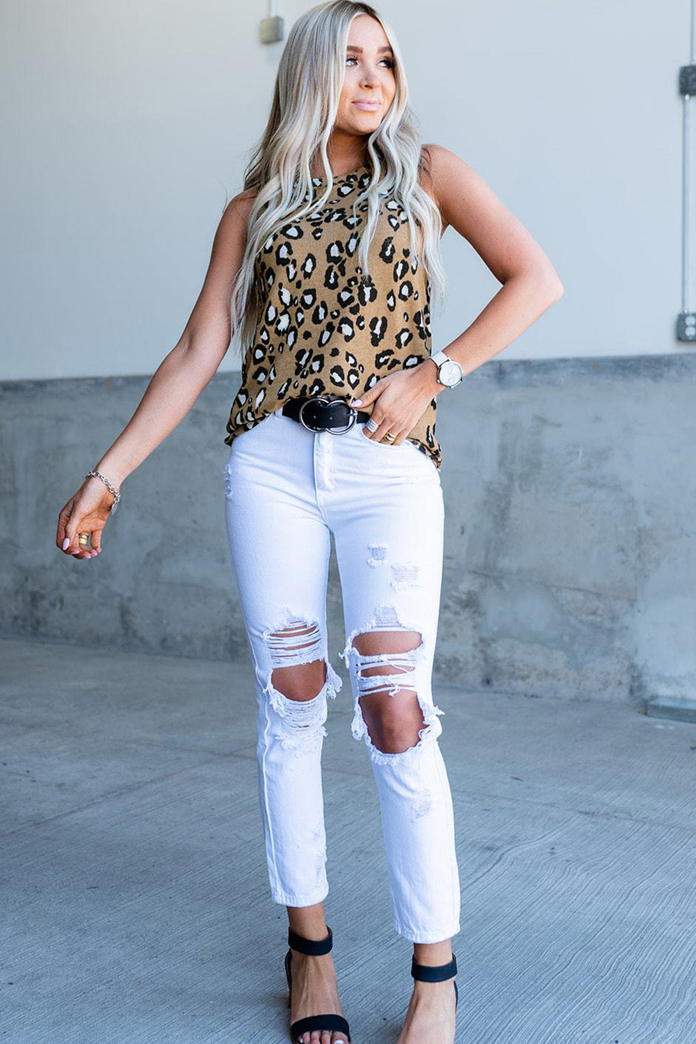 Leopard Print Crew Neck Tank Top