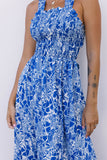 Floral Print Smocked Criss Cross Tie Back Midi Dress