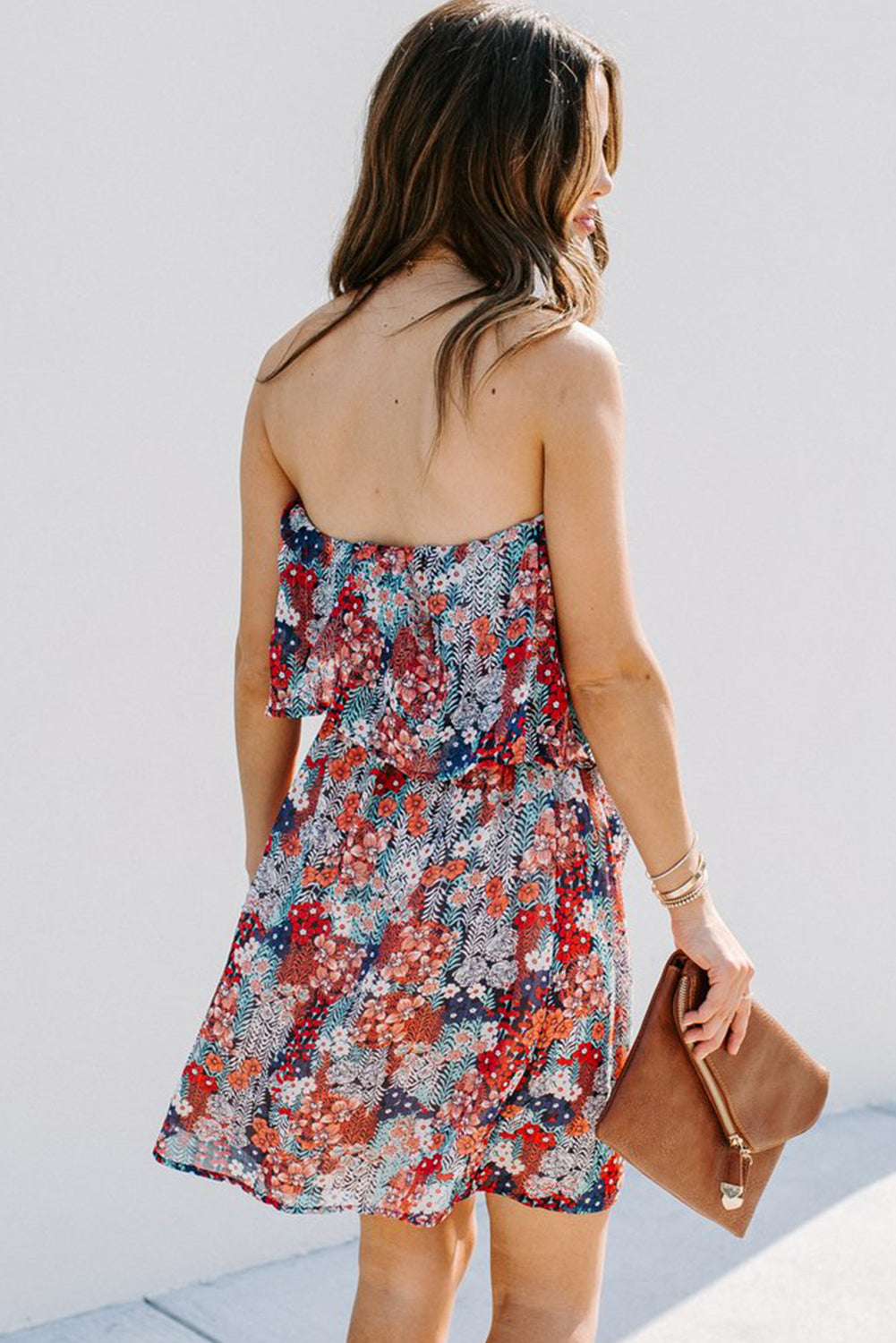 Floral Print Tiered Ruffled Bandeau Mini Dress