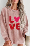 Pink Solid Ribbed Knit Round Neck Pullover Sweatshirt