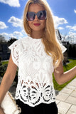 Lace Crochet Hollow-out Flutter Sleeve T-Shirt