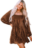 Brown Tie Back Square Neck Velvet Babydoll Dress