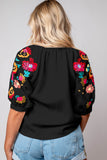 Black Floral Embroidered Ricrac Puff Sleeve Textured Blouse