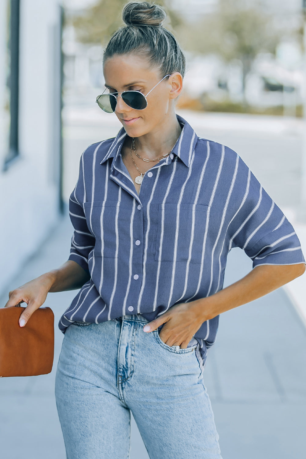 Chemise rayée à poches noire 