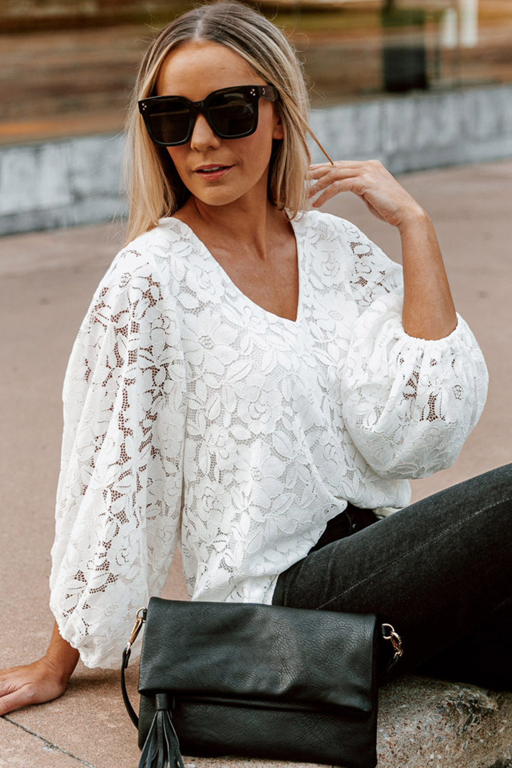 Floral Lace Crochet Loose Fit V Neck Top