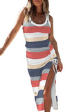 Striped Color Block Notched Neck Tank Top